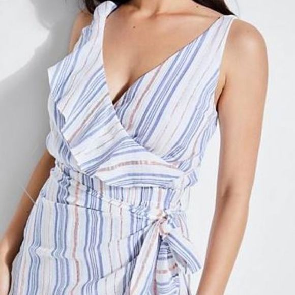 Guess Laguna White Metallic Stripe Wrap Flounce Bodice Mini Dress‎ - Picture 6 of 10